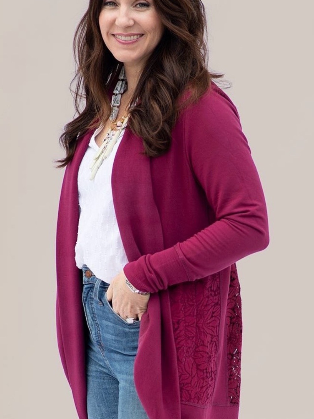 Evy’s Tree Burgundy Tessa open front lace detail sweatshirt cardigan super soft